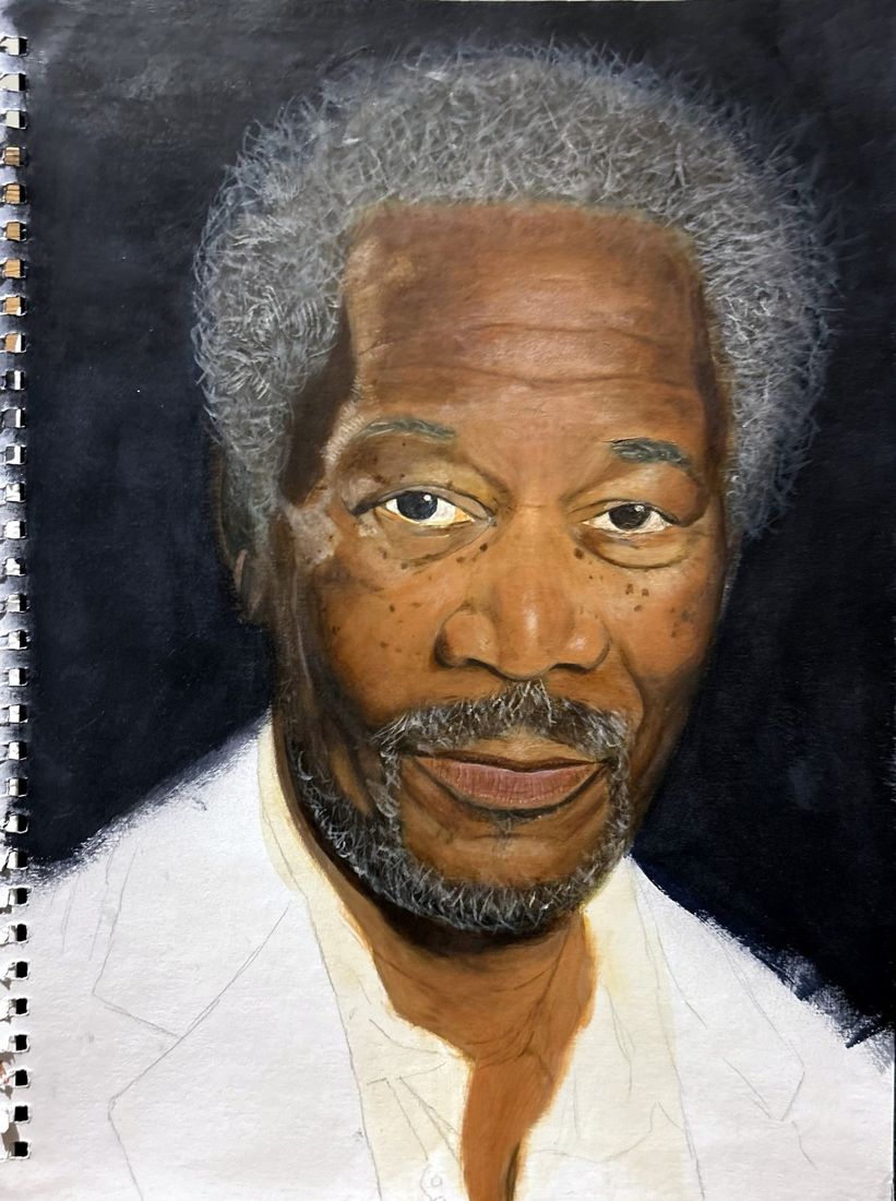 Morgan Freeman portrait painting by Malcolm Muronda, before