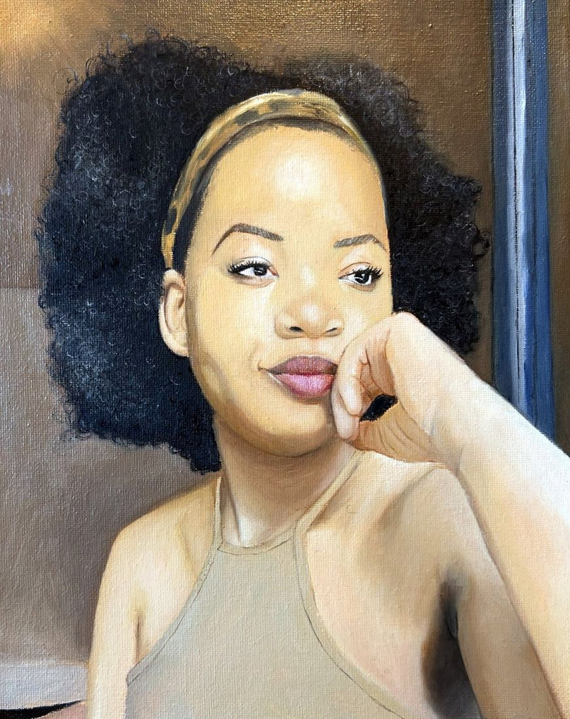 Portrait painting of a girl with her hand on her chin by Malcolm Muronda