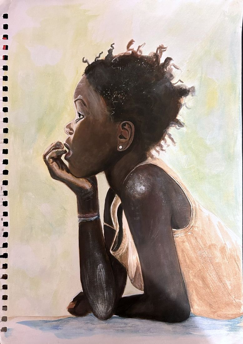 Painting of a girl leaning on her arms by Malcolm Muronda
