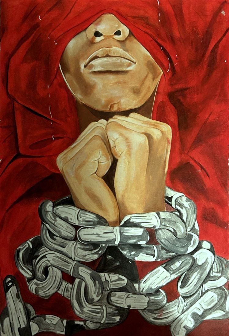 Painting of hands in chains on red by Malcolm Muronda