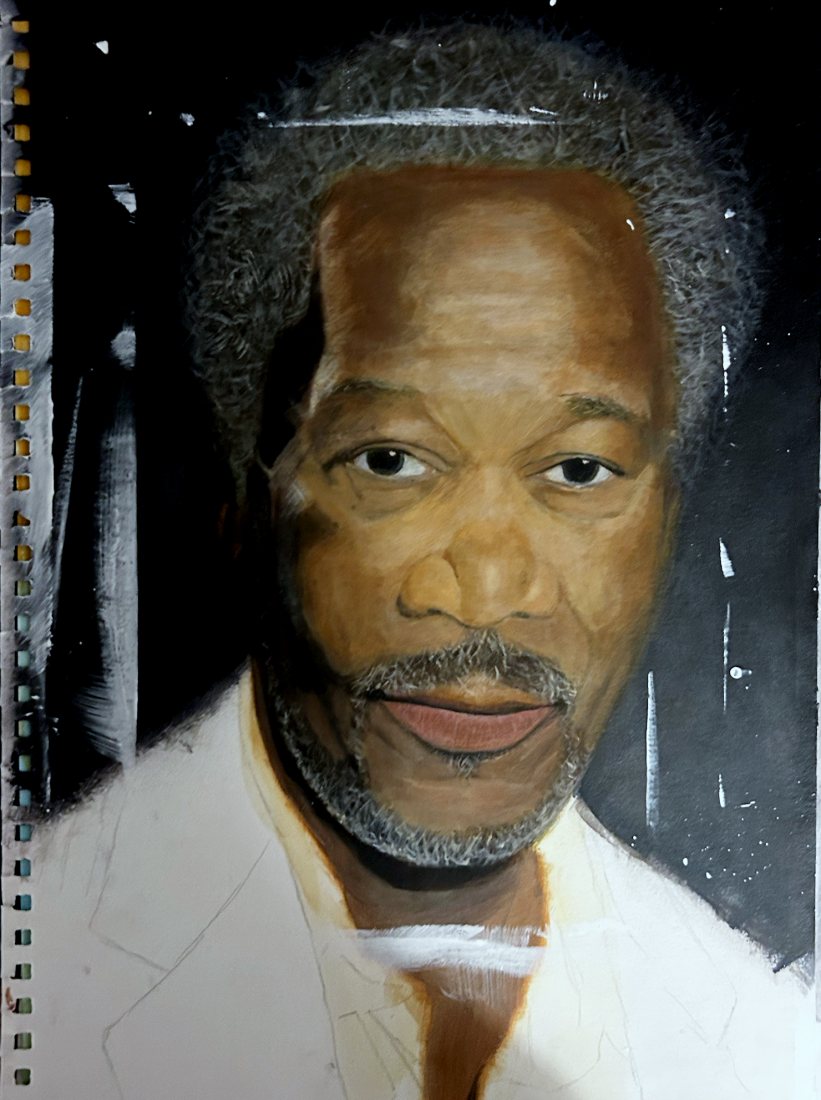 Morgan Freeman portrait painting by Malcolm Muronda, after white and black were added